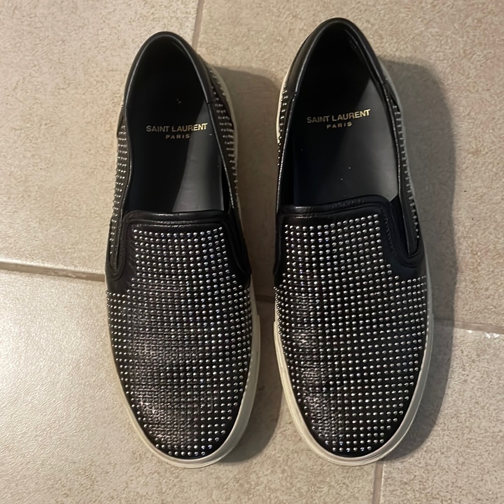 Saint Laurent Black Leather Studded Slip On Shoes Size 38. Good used condition.